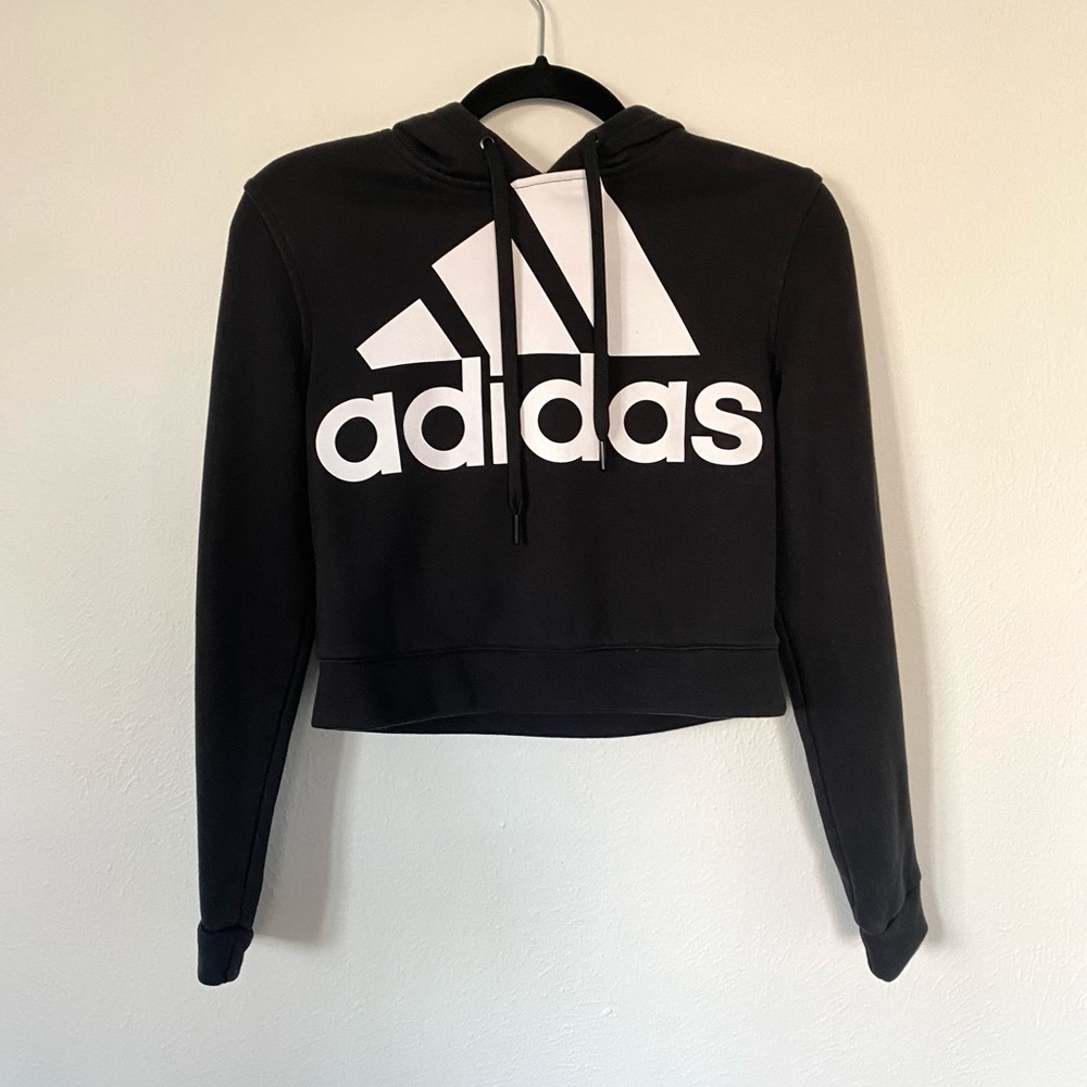 Adidas Cropped Black and White Hoodie Sweatshirt Logo Size XS